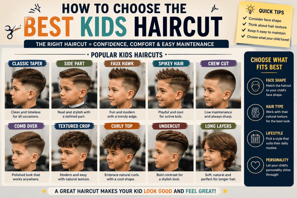 Smiling child getting a stylish kids haircut at a professional hair salon.
