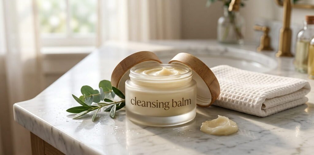 An open frosted glass jar of rich cleansing balm with a wooden lid resting on a marble bathroom vanity next to green botanical leaves, a folded white waffle towel, and a small swatch of balm.