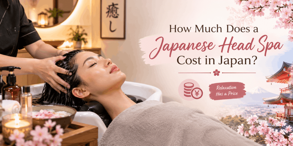 Japanese head spa treatment with a relaxing scalp massage, spa products, Japanese-inspired decor, cherry blossoms, and yen symbols representing treatment costs.