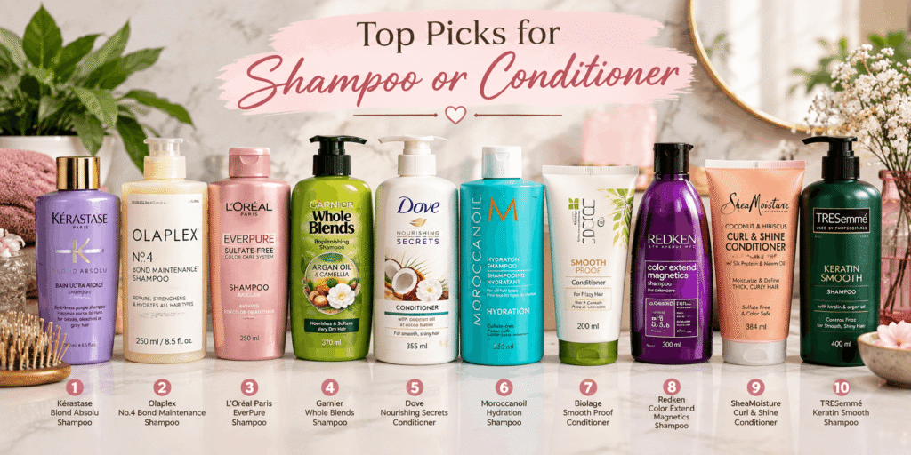 Ten shampoo and conditioner picks displayed in a realistic haircare setup, including Kérastase, Olaplex, L’Oréal Paris, Garnier, Dove, Moroccanoil, Biolage, Redken, SheaMoisture, and TRESemmé.