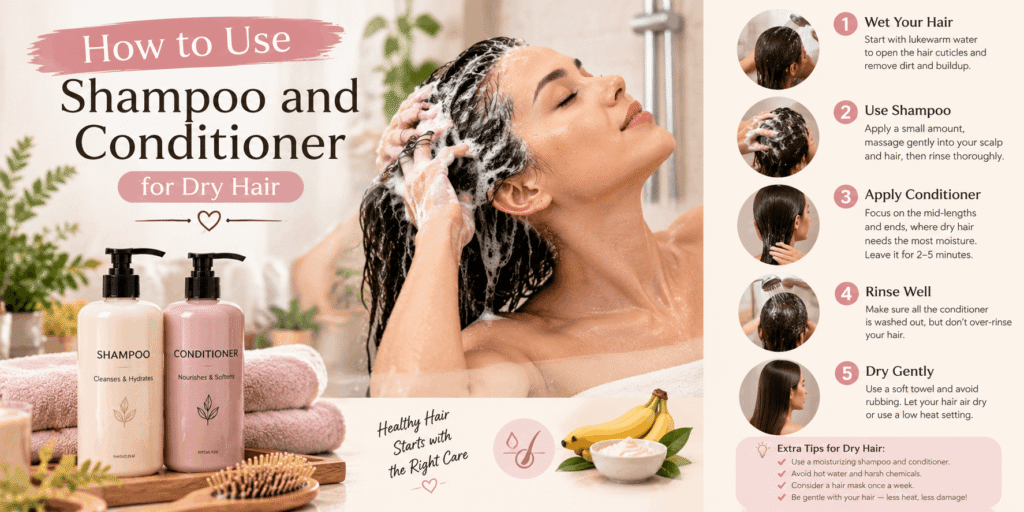 Woman washing and conditioning dry hair with shampoo and conditioner, showing the steps for gentle hair care