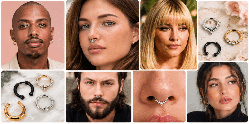 Septum jewelry styles worn by men and women in different designs