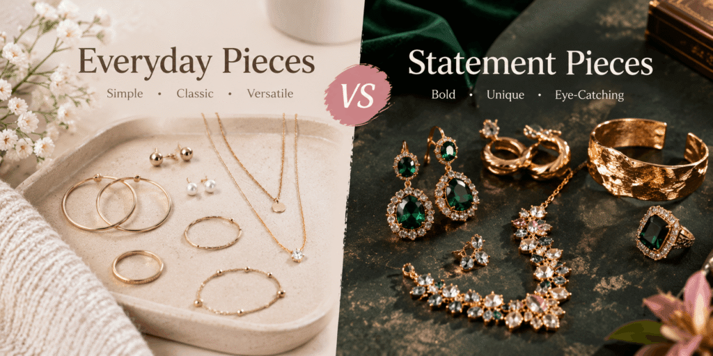 Comparison of delicate everyday jewelry and bold statement jewelry, featuring simple gold and pearl pieces on one side and colorful gemstone and sculptural gold pieces on the other.