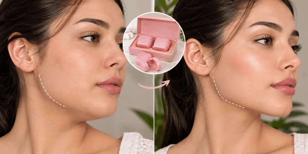 Side-by-side close-up showing a softer jawline and a more defined-looking jaw contour, with a pink Masseter Botox displayed between the two images.
