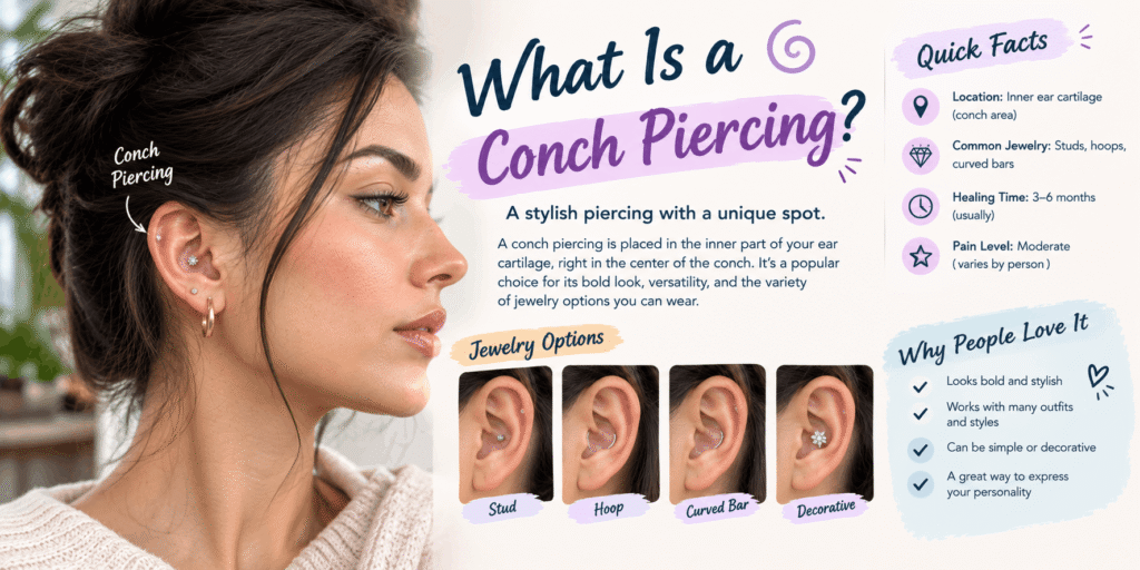 What is a conch piercing with jewelry placed in the inner ear cartilage