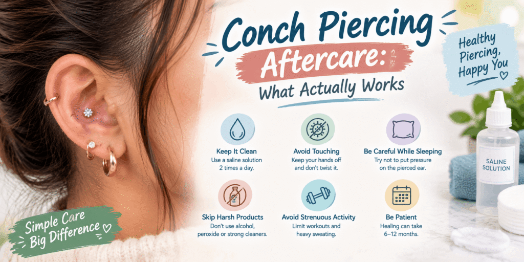 Conch piercing aftercare guide with saline cleaning, avoiding touching, sleeping pressure, and harsh products