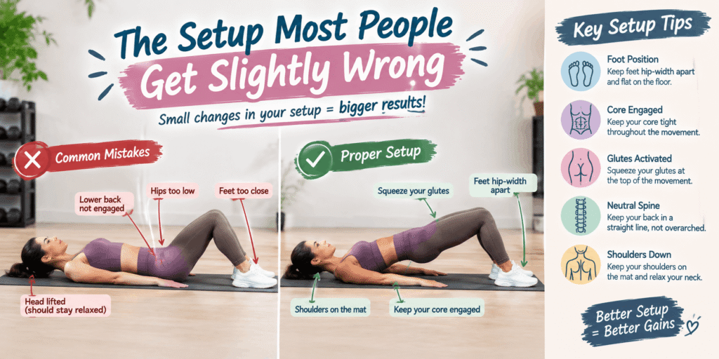 Glute bridge setup guide showing common mistakes and the proper setup for better form