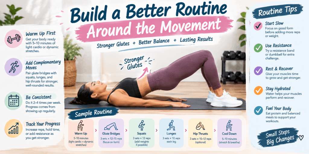 Build a Better Routine Around the Movement – glute bridge workout routine with warm-up, complementary exercises, and recovery tips