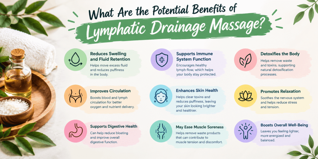 Potential benefits of lymphatic drainage massage shown in a wellness infographic