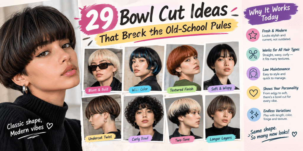 29 Bowl Cut Ideas That Break the Old-School Rules – modern bowl cut hairstyles in different colors, textures, and lengths