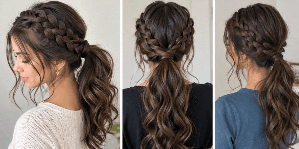 Wide side braids with a loose, wavy ponytail viewed from different angles