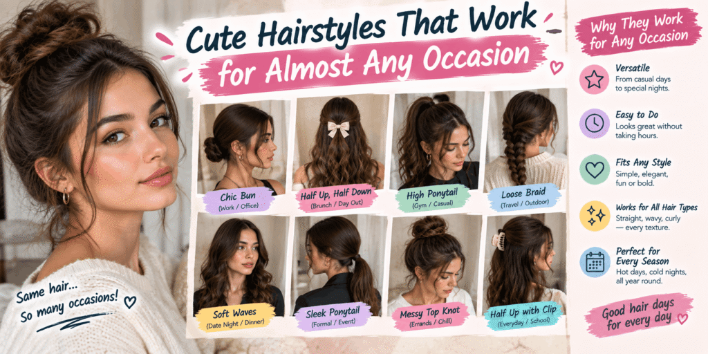 Cute hairstyles for almost any occasion, including buns, braids, ponytails, soft waves, and half-up styles