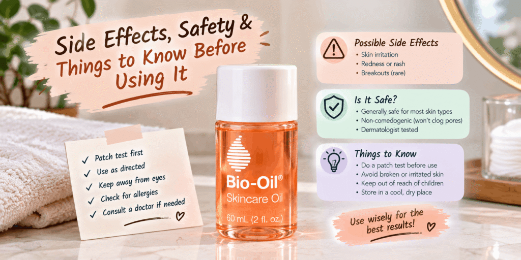 Bio-Oil safety and side effects guide showing patch testing, skin irritation, safe use, and precautions