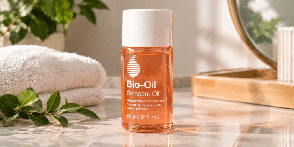 Bio-Oil skincare oil bottle on a marble surface in a warm, realistic spa-inspired setting