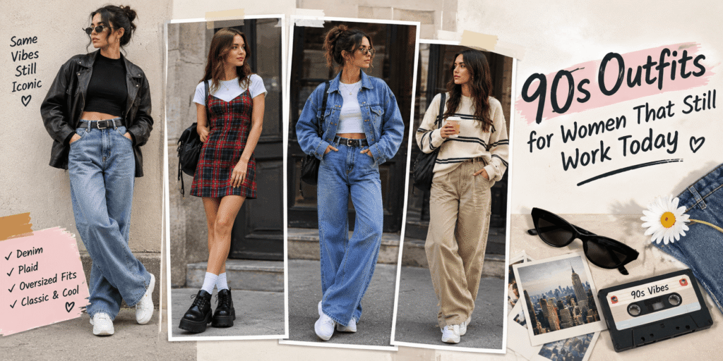 90s outfits for women featuring baggy jeans, leather jackets, plaid dresses, denim jackets, and oversized knitwear