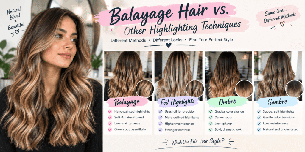 Balayage hair vs other highlighting techniques including foil highlights, ombré, and sombre