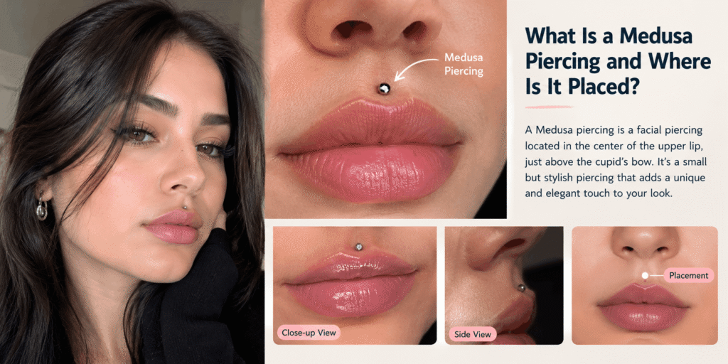 Medusa piercing placed in the center of the upper lip above the cupid’s bow