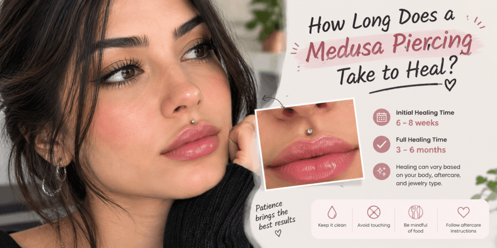 How long a Medusa piercing takes to heal, showing the piercing and a healing timeline