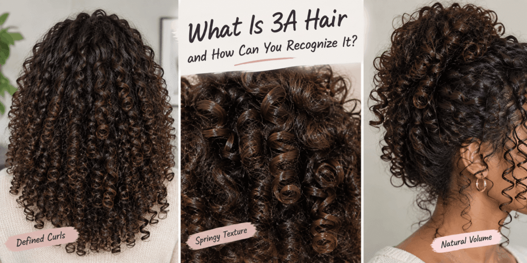 A realistic hair-focused image showcasing 3A curly hair with defined ringlets, natural volume, glossy texture, and different close-up views of the curl pattern.