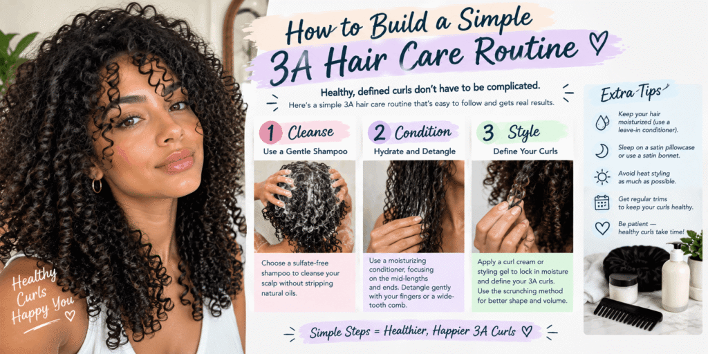 Simple 3A hair care routine with cleansing, conditioning, curl styling, and moisture tips