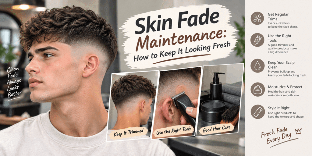 Skin fade maintenance tips showing regular trims, proper tools, clean scalp care, moisturizing, and light styling