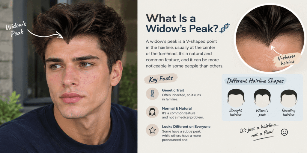 What is a widow’s peak showing a natural V-shaped hairline and different hairline shapes