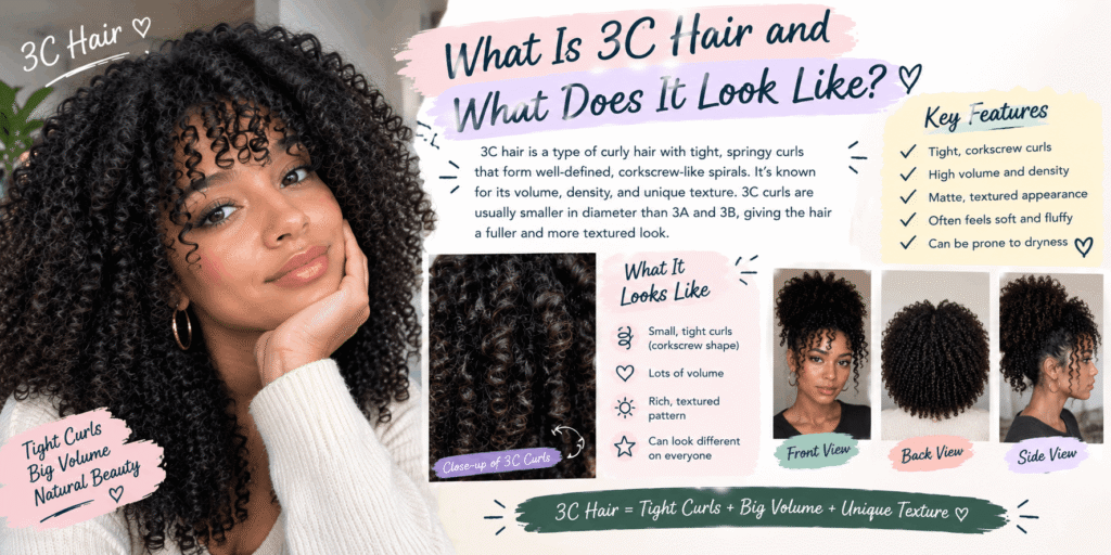 What 3C hair looks like with tight corkscrew curls, high volume, and defined texture