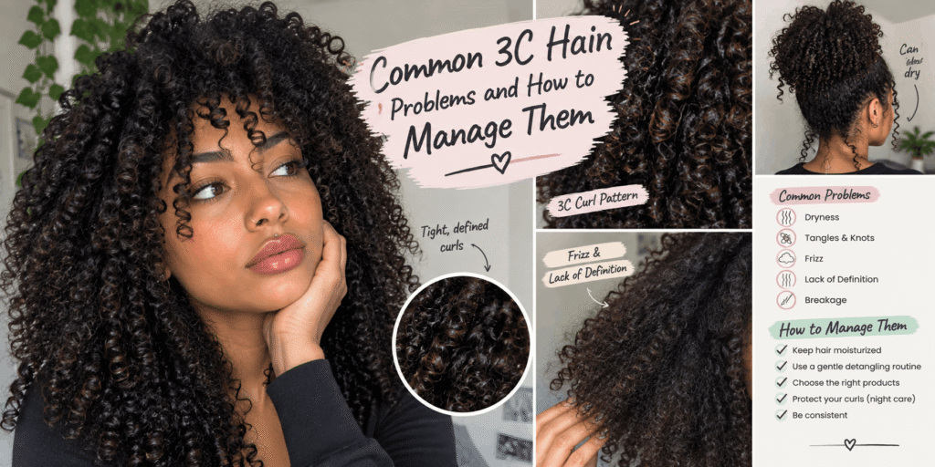 Common 3C hair problems including dryness, frizz, tangles, lack of definition, and breakage with simple care tips