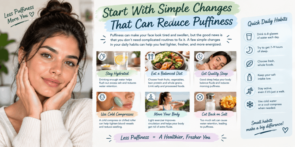 Simple daily changes that can help reduce facial puffiness, including hydration, sleep, exercise, and lower salt intake