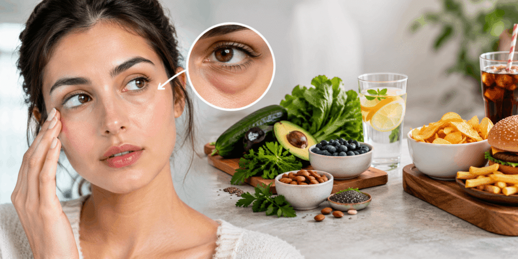 Woman touching her puffy under-eye area beside healthy and processed foods