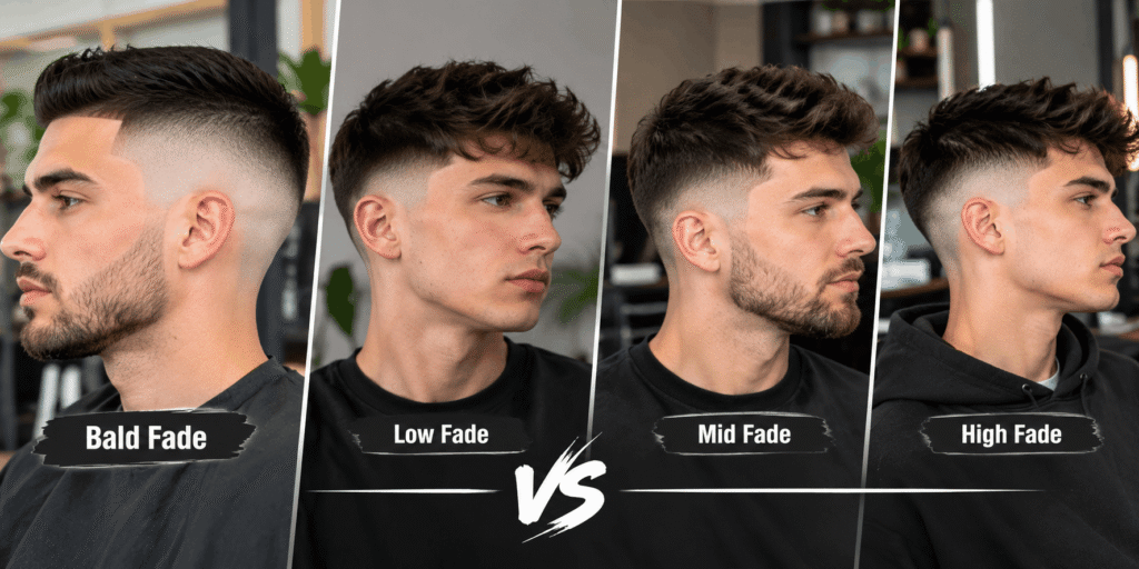 Comparison of bald fade, low fade, mid fade, and high fade hairstyles on men