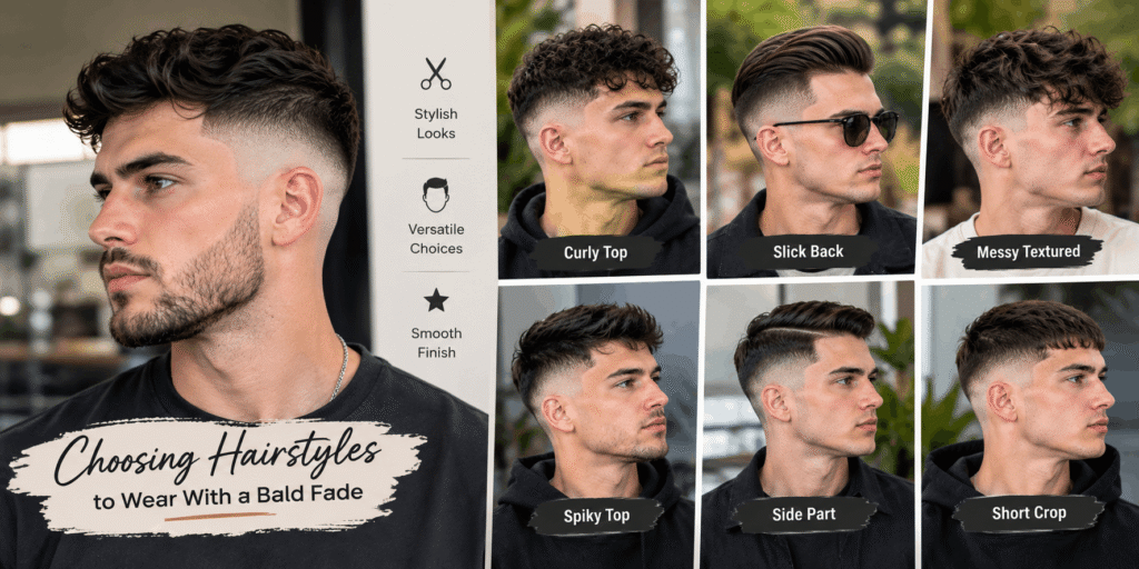 Men’s hairstyle ideas paired with a clean bald fade, including curly, slick back, textured, and short styles