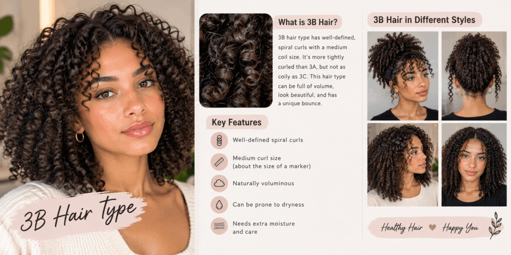 Woman with defined voluminous curls showing the characteristics and styling of 3B hair