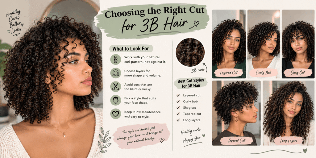 Woman with defined 3B curls alongside examples of layered, bob, shag, tapered, and long-layered haircuts