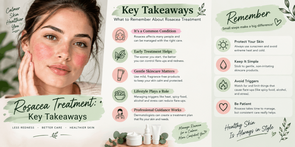 Woman with facial redness alongside key skincare and rosacea care tips