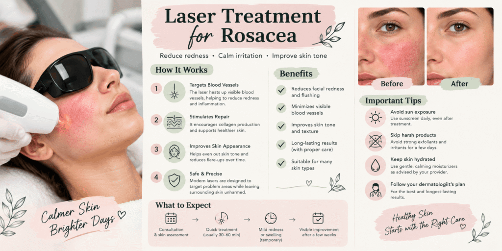 Woman receiving laser treatment for facial redness with a realistic before-and-after skin comparison