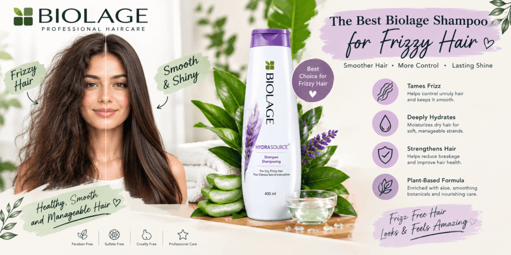 Biolage shampoo for frizzy hair shown beside a realistic smooth-hair transformation and botanical ingredients