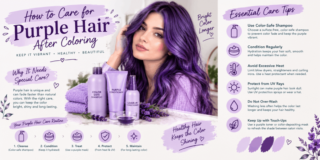 Woman with glossy purple hair beside color-safe haircare products and purple hair care tips