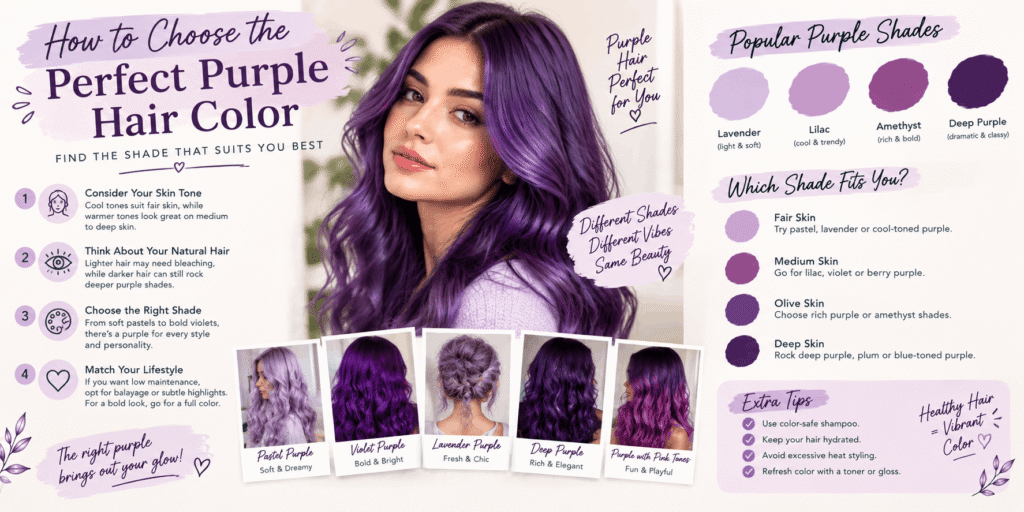 Woman with purple hair surrounded by different purple shades and hair color ideas