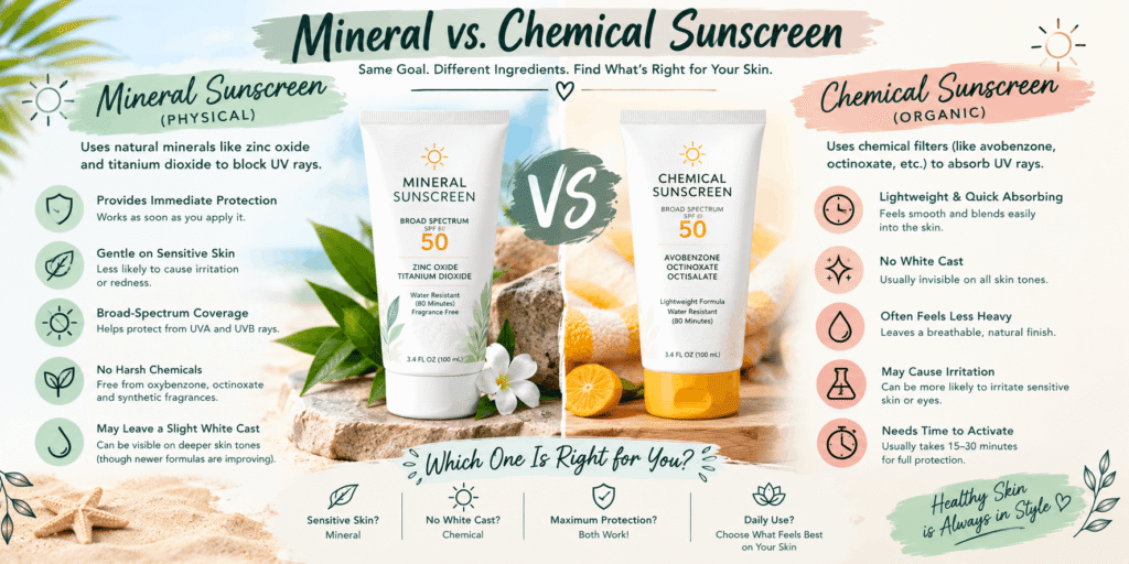 Mineral and chemical sunscreen products compared side by side with skincare and sun protection details