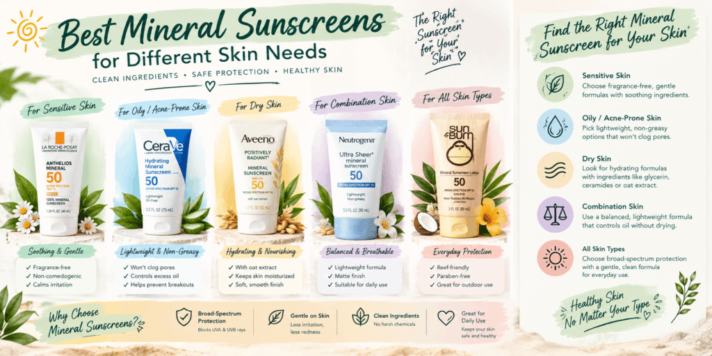 Mineral sunscreen products arranged for sensitive, oily, dry, combination, and all skin types