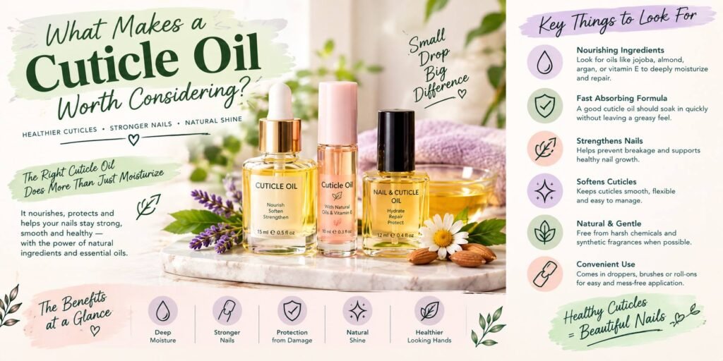 Cuticle oil bottles with nourishing ingredients and nail care benefits displayed in a beauty setting