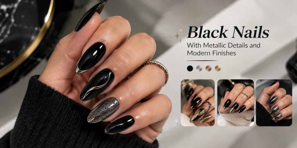 Realistic black nails with metallic silver, gold, and chrome details