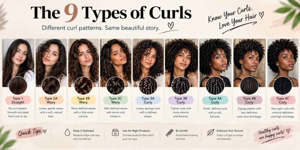 The 9 types of curls showing straight, wavy, curly, and coily hair patterns