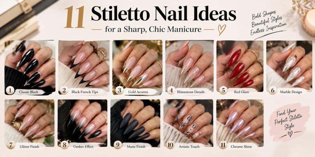 11 stiletto nail ideas featuring black, red, gold, glitter, marble, ombre, matte, artistic, and chrome designs