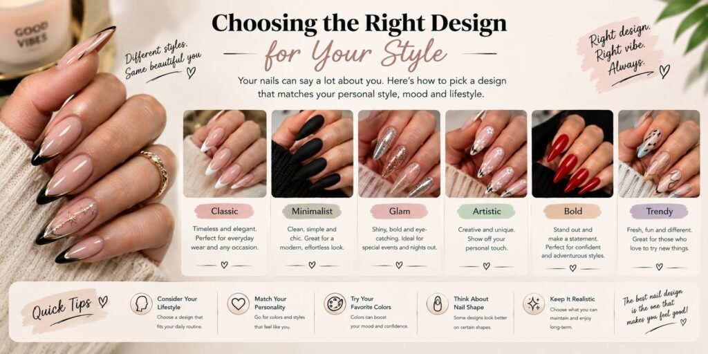 Choosing the right stiletto nail design based on personal style, lifestyle, colors, and nail shape