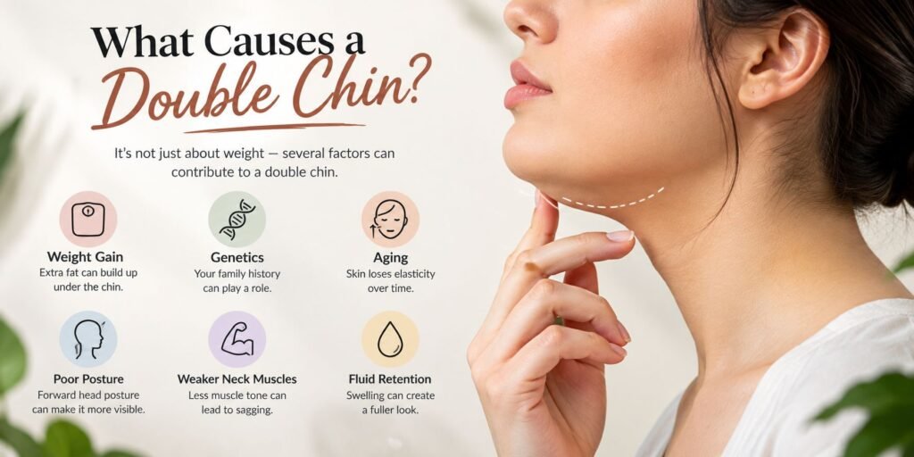 What causes a double chin showing weight gain, genetics, aging, posture, and other factors