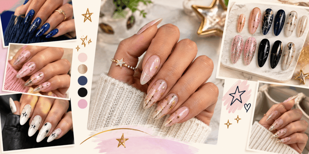 Finding your own star nail style with nude, pink, navy, white, black, gold, and glitter designs