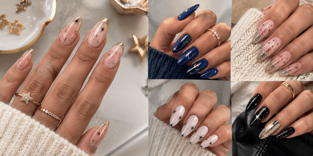 Realistic star nail designs in nude, navy blue, white, pink, black, gold, and glitter finishes