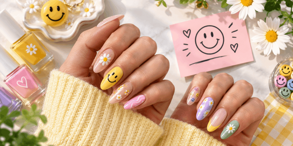 Happy nails with colorful smiley faces, flowers, pastel colors, and playful nail art